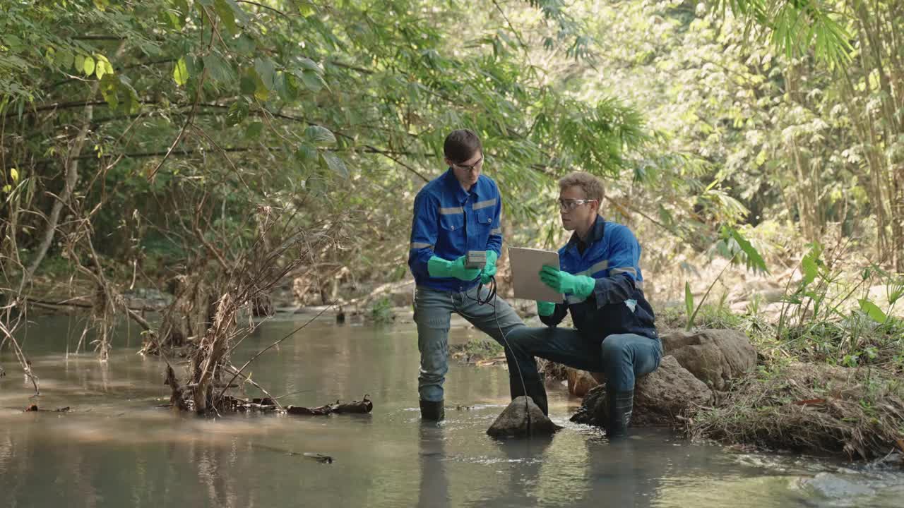 两名男性生物学家在当地的一条河里测试水。生态学家们穿着休闲服，在湖上探险，取水样。视频素材