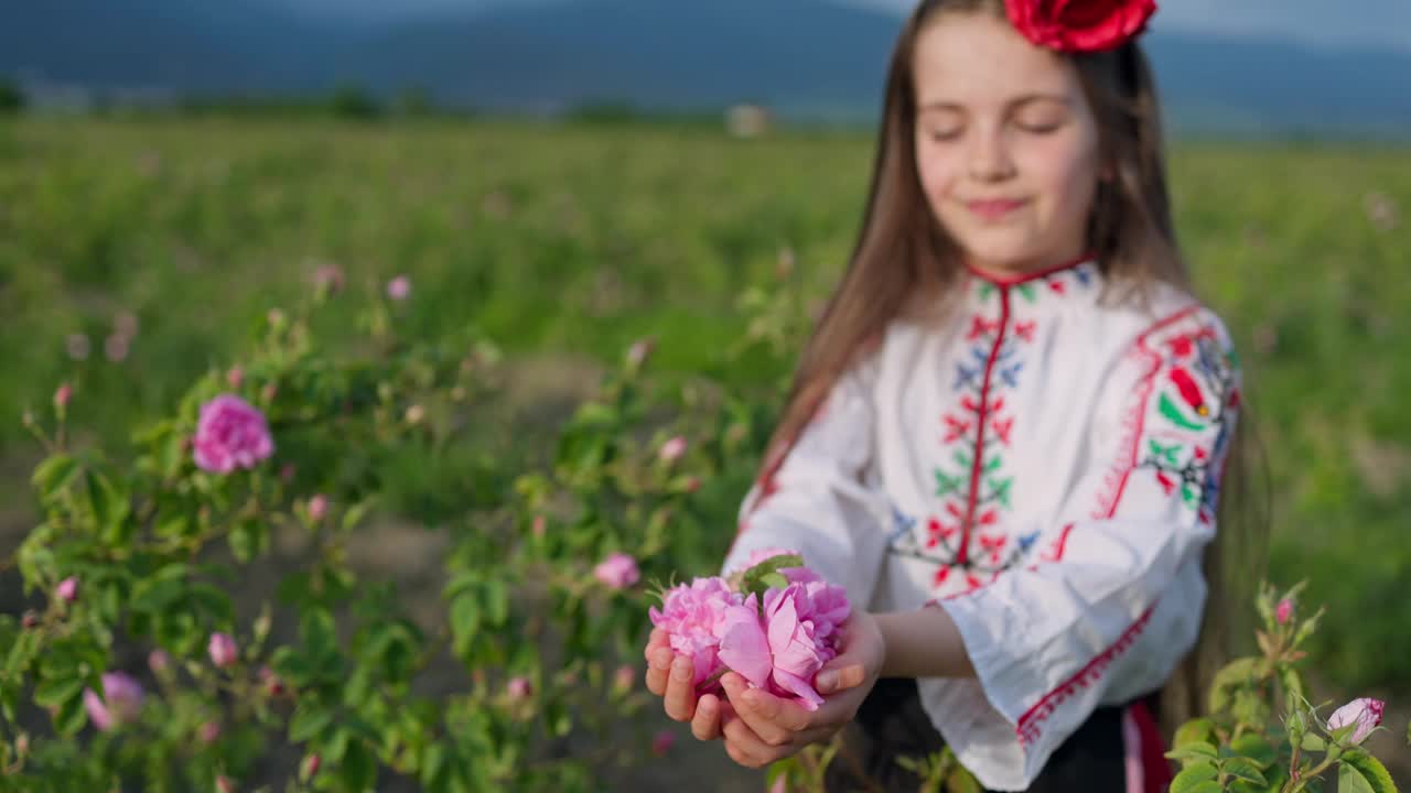 美丽的女孩，穿着民族民俗服装的保加利亚妇女在保加利亚卡赞拉克玫瑰谷闻着芳香的玫瑰，采摘着香料含油的玫瑰(大马士革玫瑰)视频素材