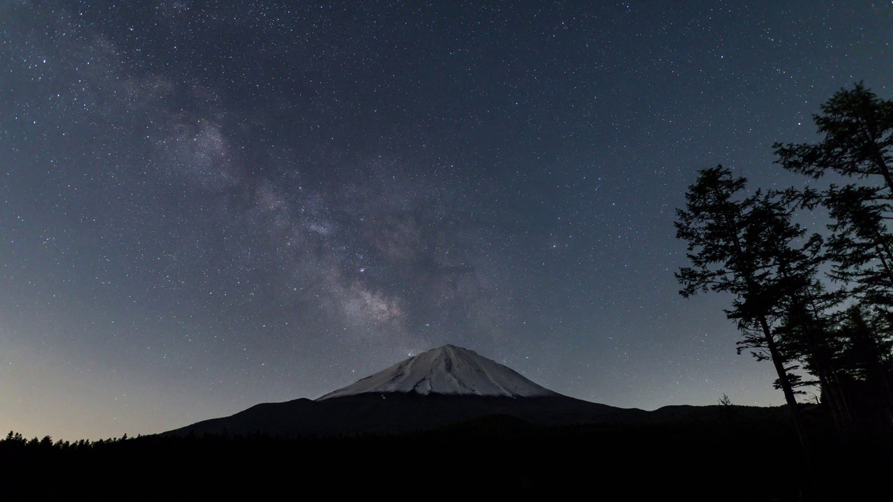 白雪覆盖的富士山和银河系的延时视频视频素材