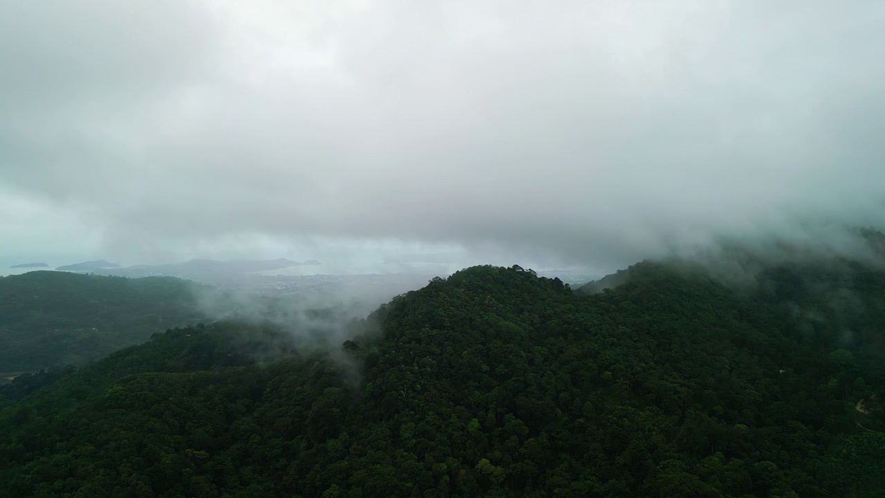 泰国普吉岛翠绿的大山上的云雾鸟瞰图。视频素材