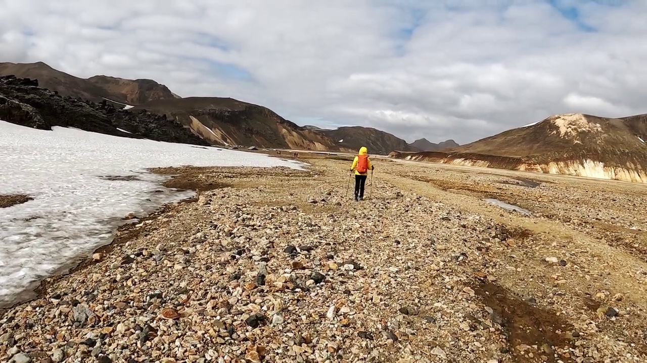 在冰岛高地的Landmannalaugar小径上，穿着黄色夹克的徒步旅行者视频素材