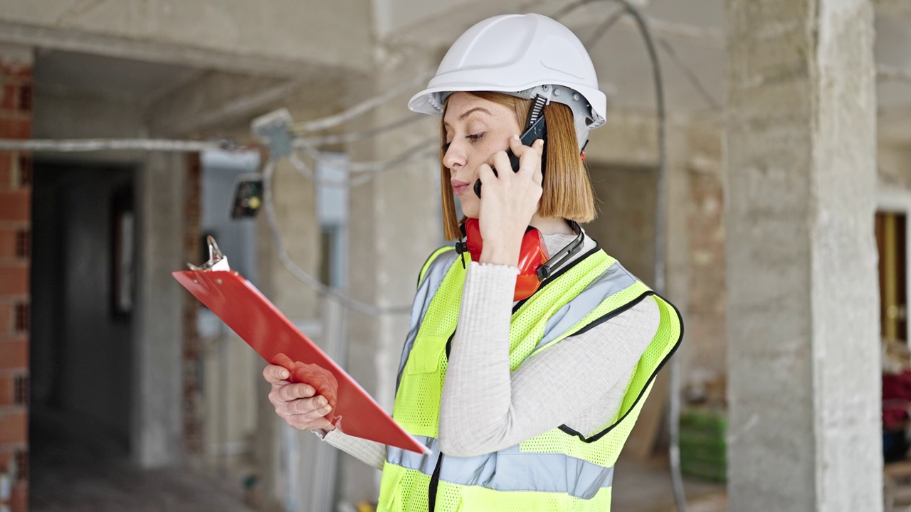 年轻的金发女建筑师在建筑工地用智能手机阅读文件视频素材