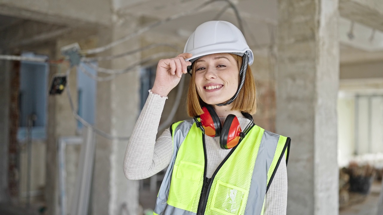 年轻的金发女建筑师微笑着自信地站在建筑工地视频素材