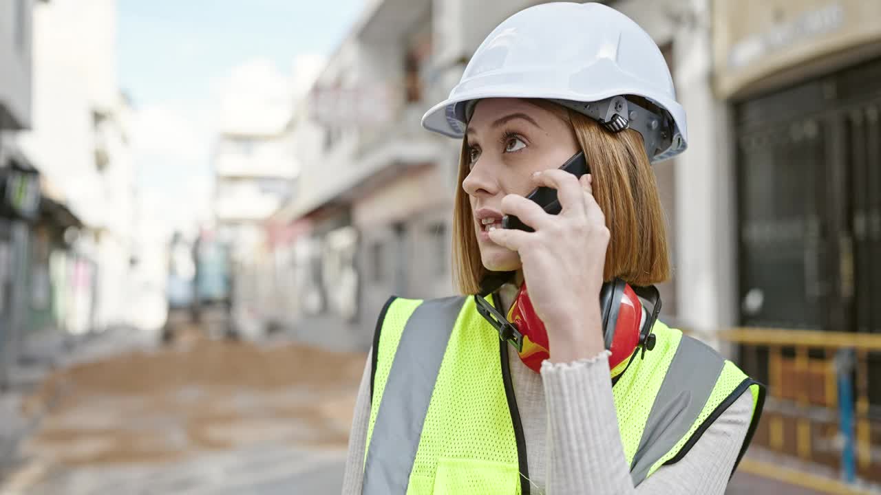 年轻的金发女建筑师在街上用智能手机聊天视频素材