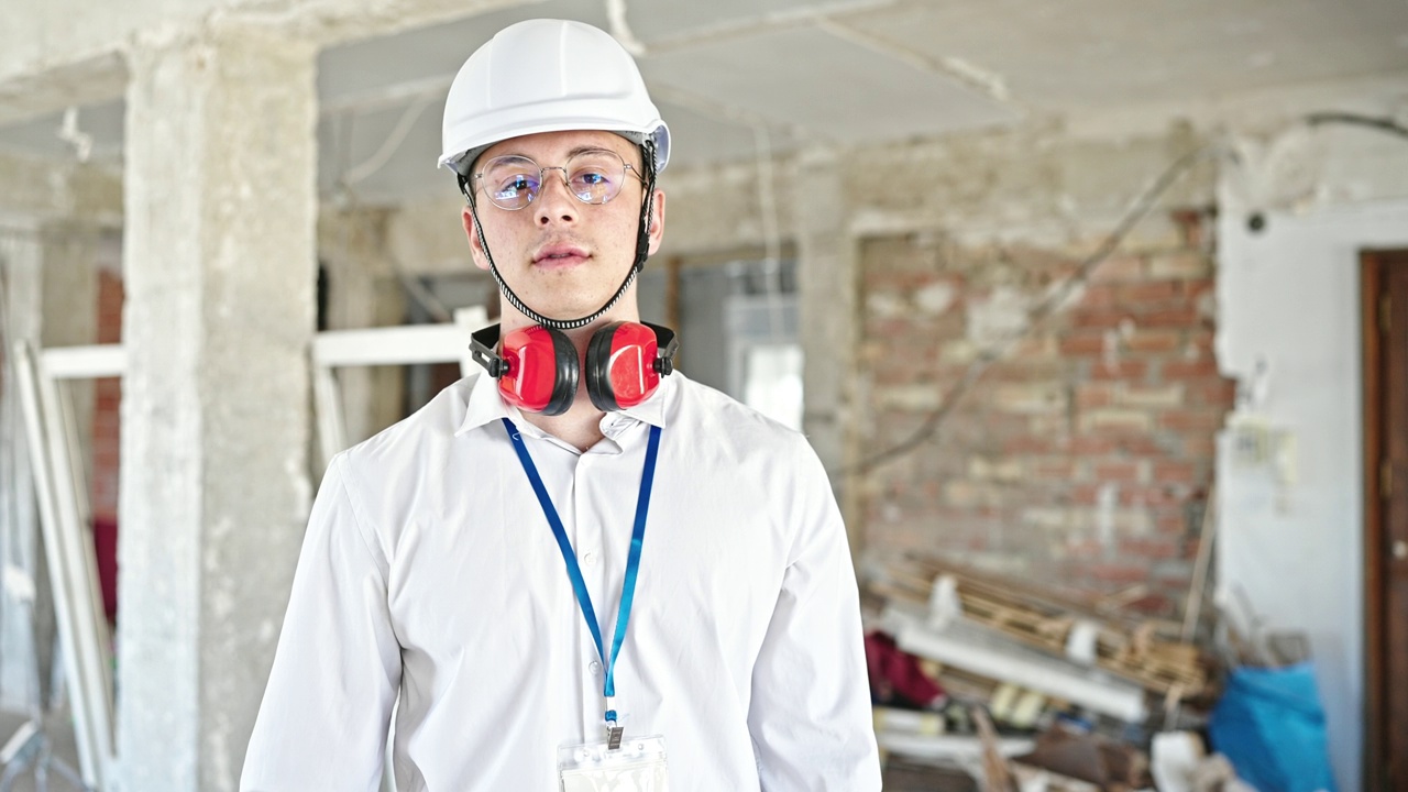 年轻的西班牙裔建筑师戴着耳机站在工地上，表情轻松视频素材