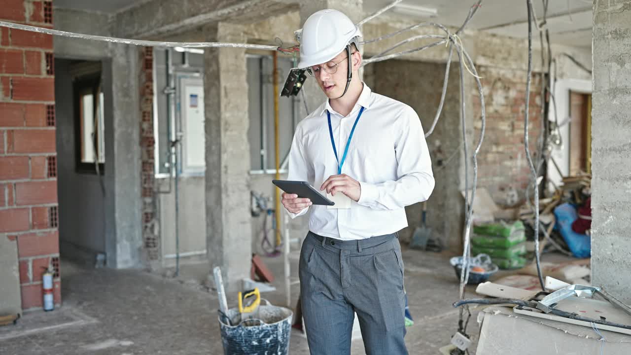 年轻的西班牙裔建筑师轻松地站在工地上使用触控板视频素材