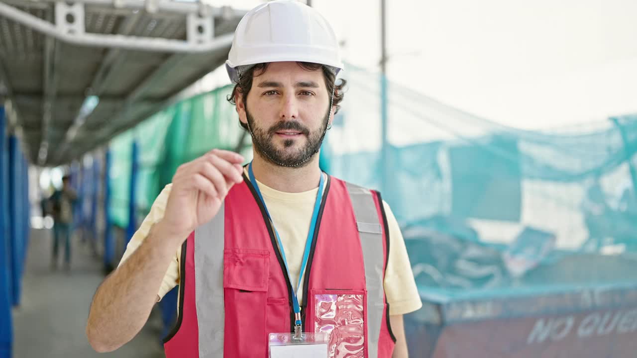 年轻的西班牙裔建筑工人微笑着自信地站在街上视频素材