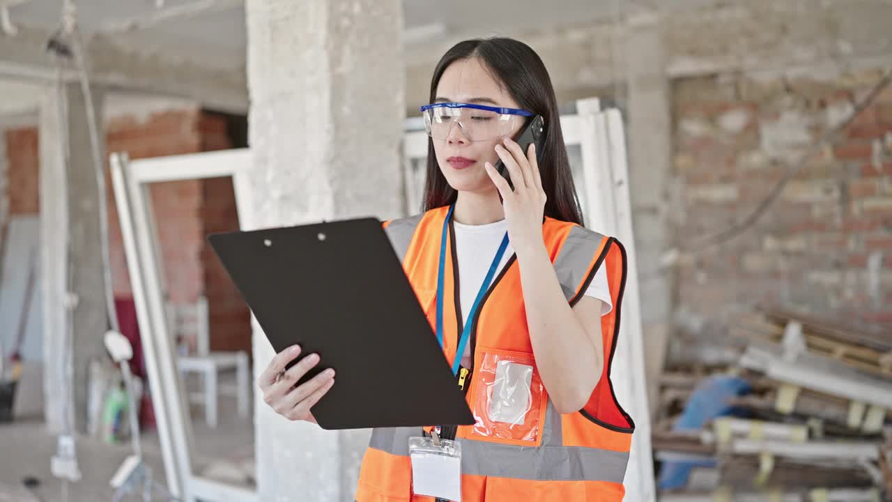 年轻的中国女建筑工在工地用智能手机看施工报告视频素材