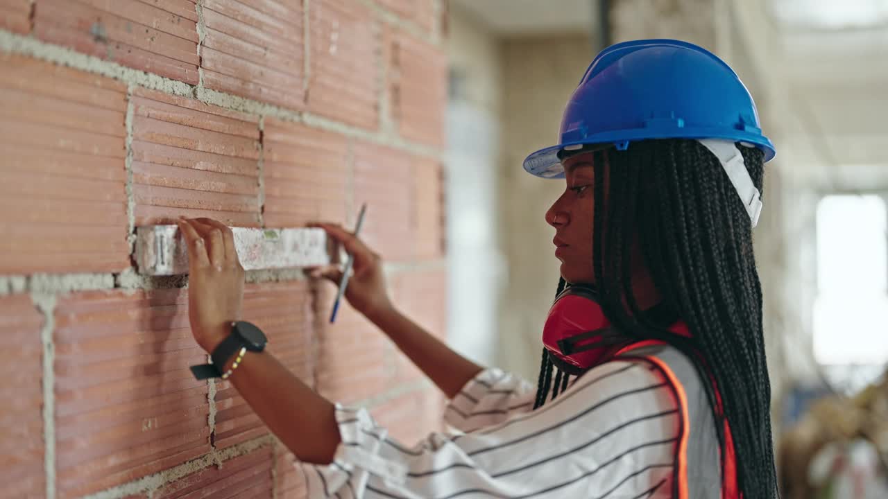 非裔美国女建筑工站在工地上轻松地量墙视频素材