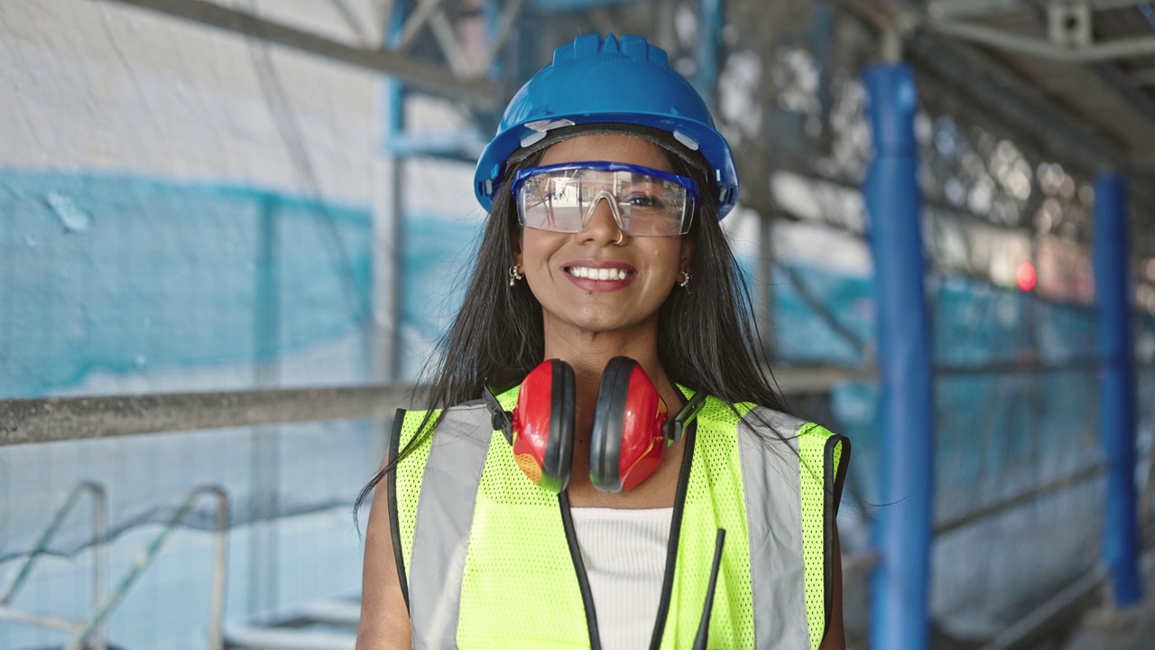 非裔美国女建筑工人自信地站在街上微笑视频素材