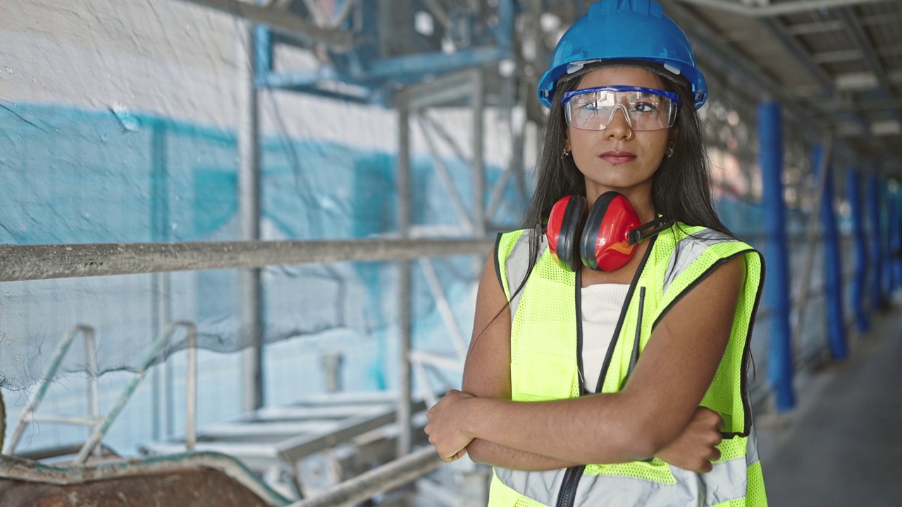 非裔美国女建筑工人双手交叉站在街上，表情严肃视频素材