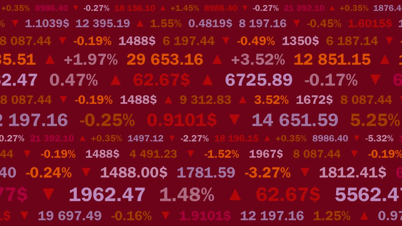 股票交易所报价与数字和百分比在红色的背景-动画视频下载