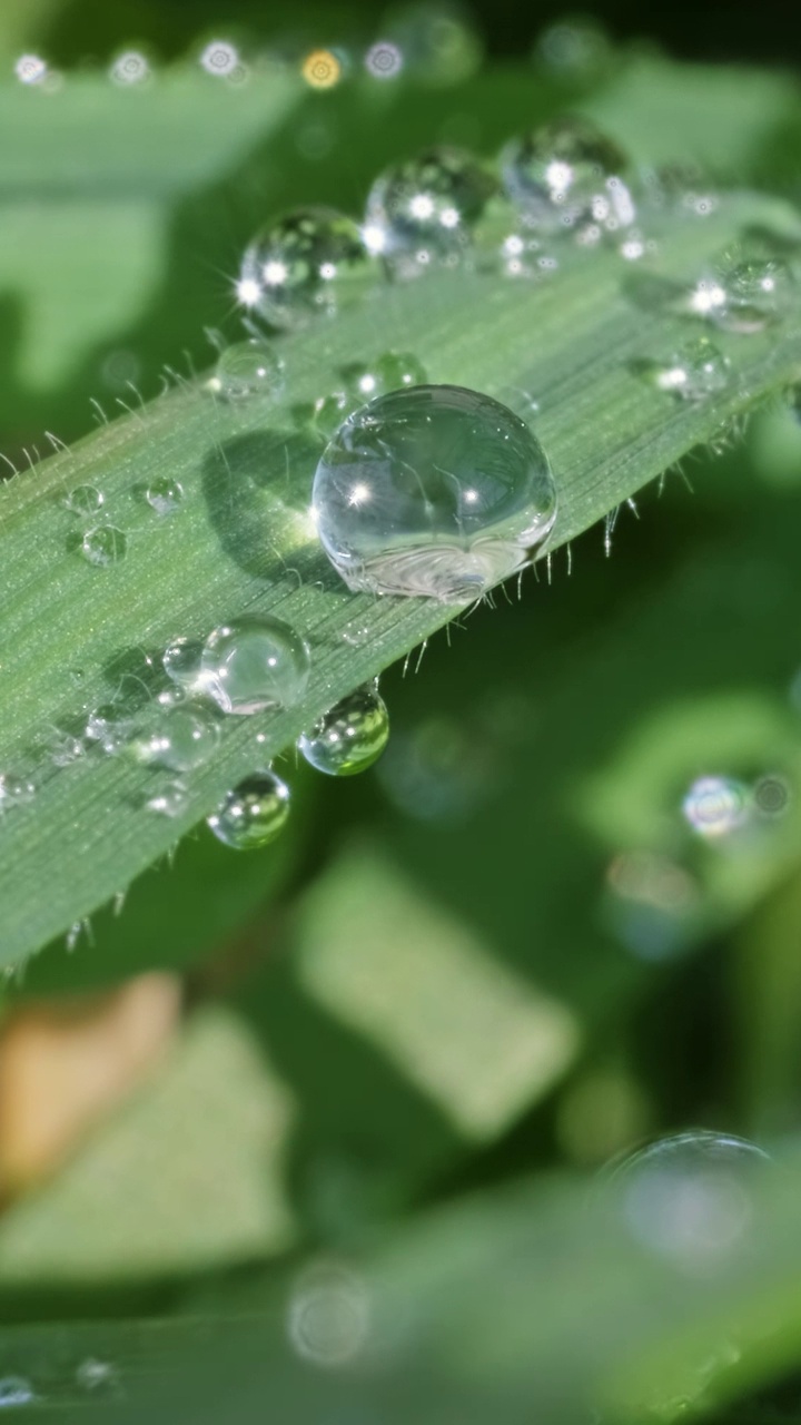 水珠落在绿色的草叶上视频素材