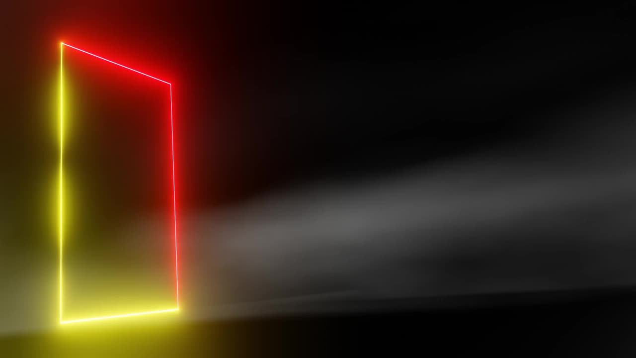 抽象发光的霓虹灯门梦幻般的黑暗工作室房间与烟雾背景3D渲染视频下载