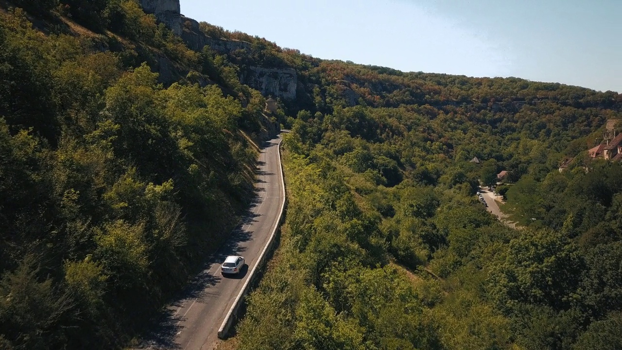 无人机在森林丘陵的道路上拍摄的野生植被视频素材