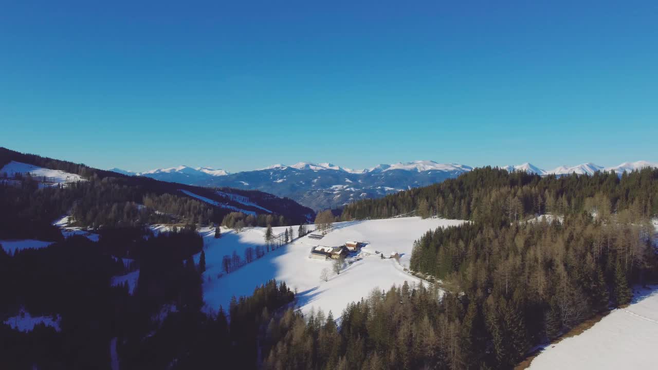 无人机拍摄的白雪皑皑的森林景观视频素材