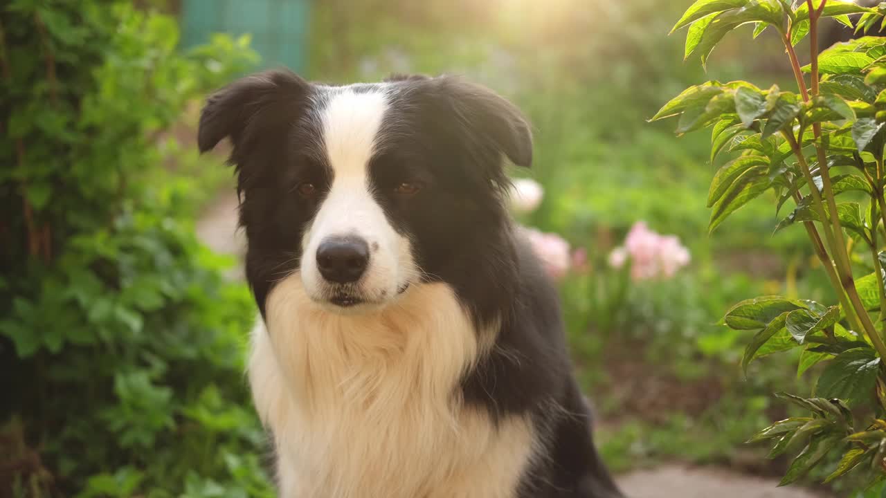 户外肖像可爱的微笑小狗边境牧羊犬坐在公园的背景。在阳光明媚的夏日里，小狗的脸很有趣。宠物护理和有趣的动物生活理念。视频素材