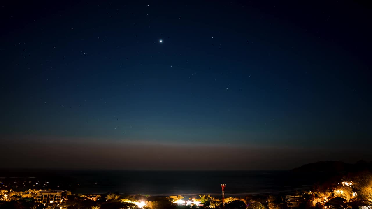 深蓝色的夜空随着海洋上方许多星星的流逝而流逝。视频素材