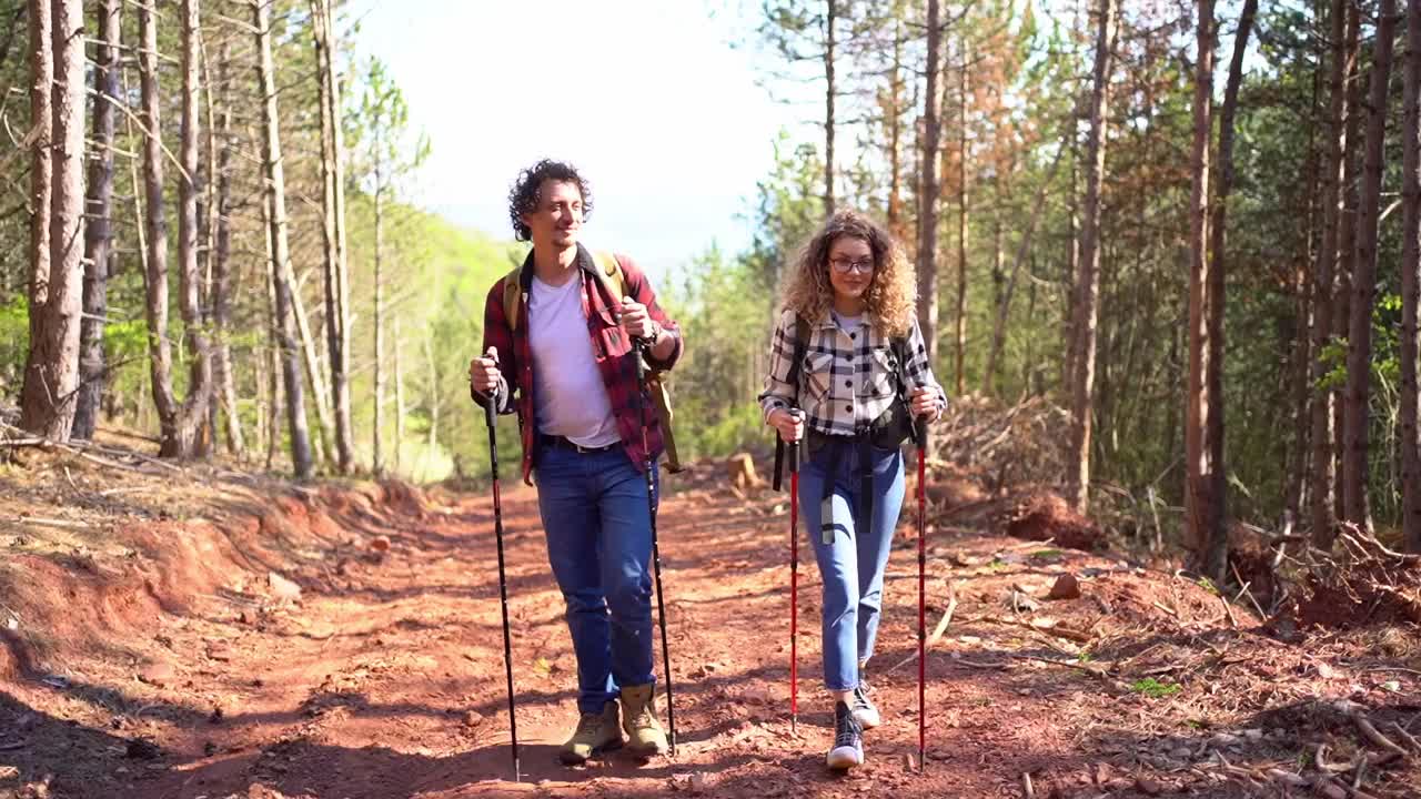 一对年轻夫妇背着背包在一个阳光明媚的日子里在森林里徒步旅行视频素材