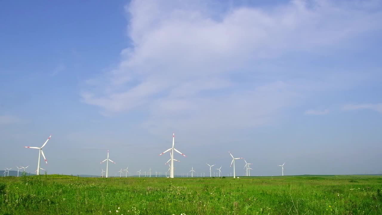 夏日的风力涡轮机和农田。利用可再生能源生产能源视频素材