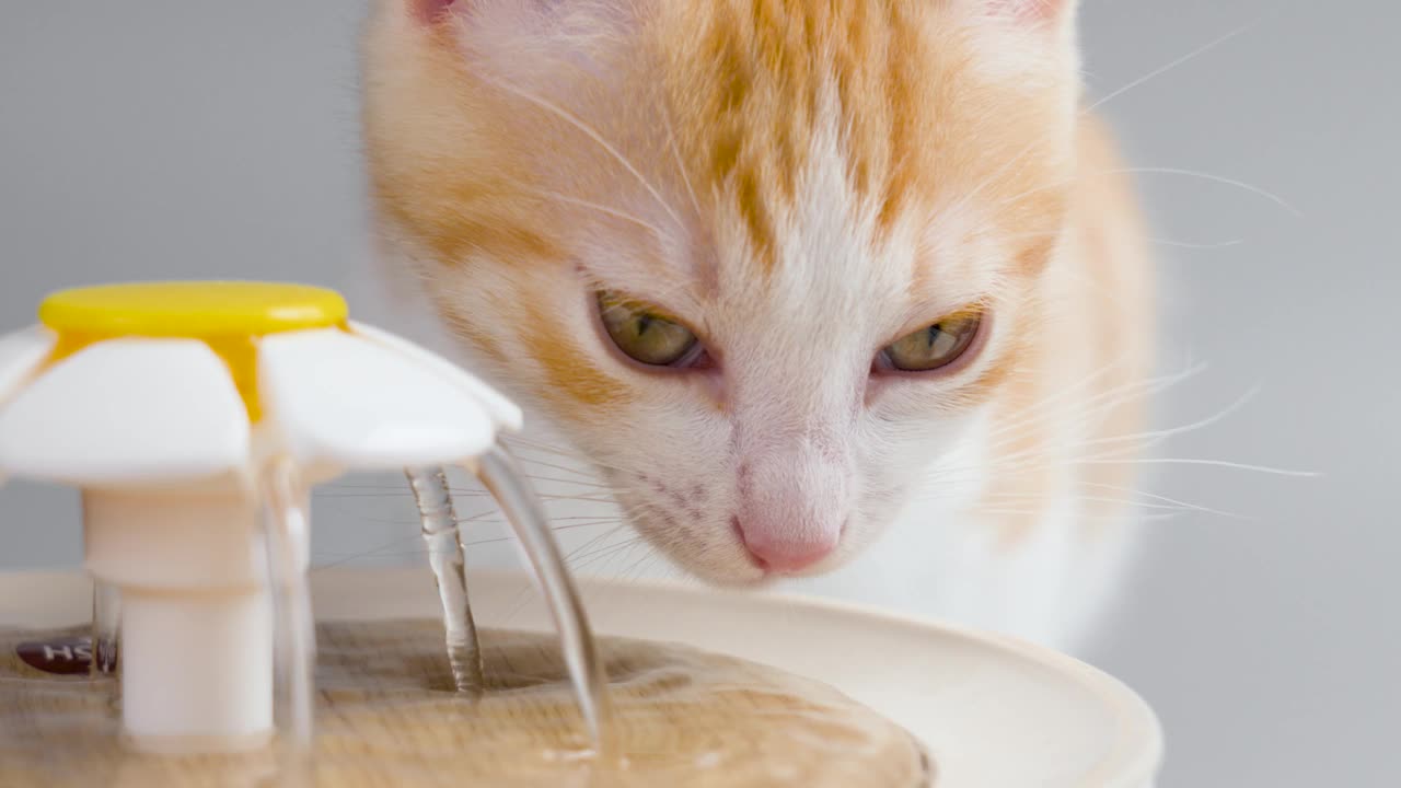 年轻的姜黄色小猫在喝猫喷泉里的水视频素材