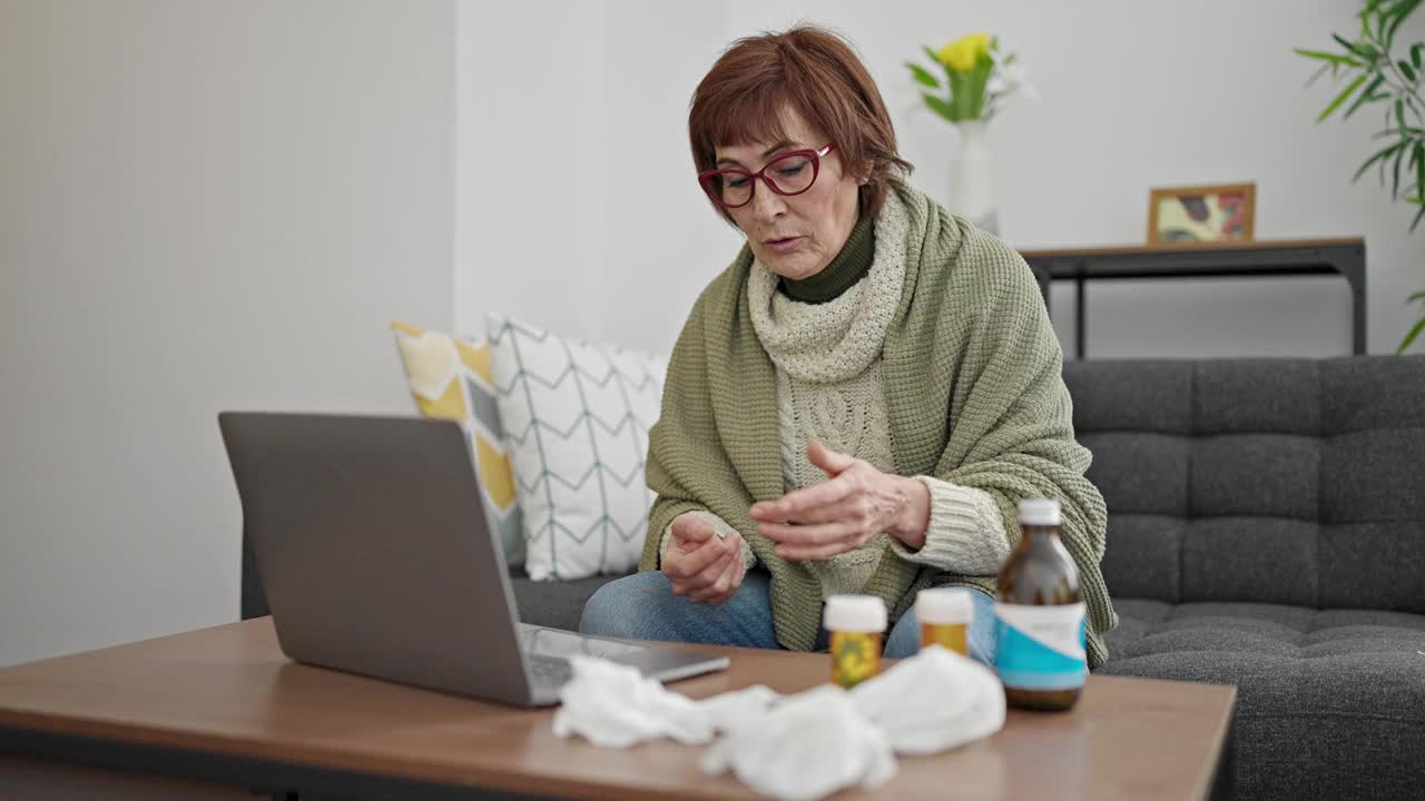 成熟的西班牙裔女性在网上预约在家看医生时生病了视频素材