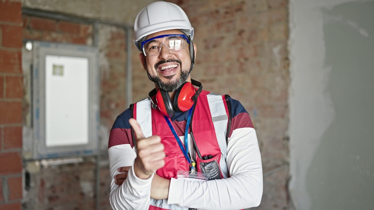 年轻的拉丁男建筑工人在建筑工地自信地微笑着竖起大拇指视频素材