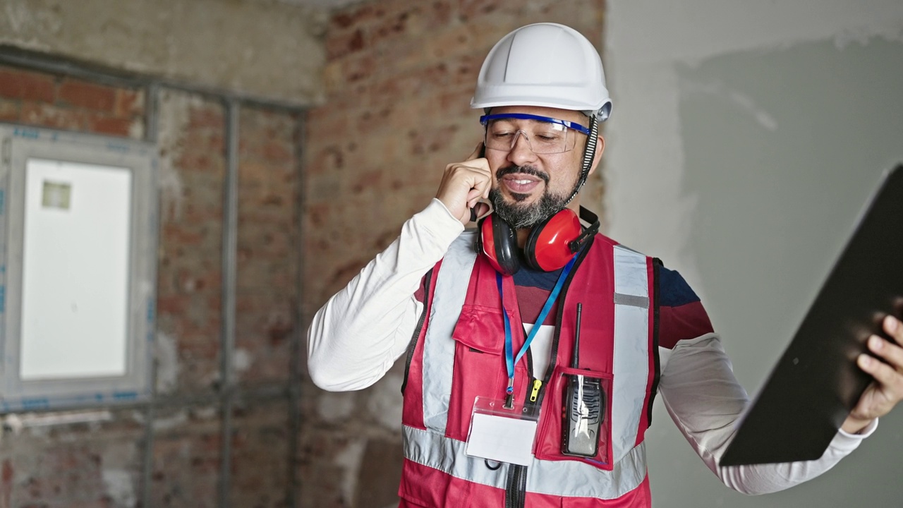 年轻的拉丁男建筑工人在工地用智能手机阅读文件视频素材