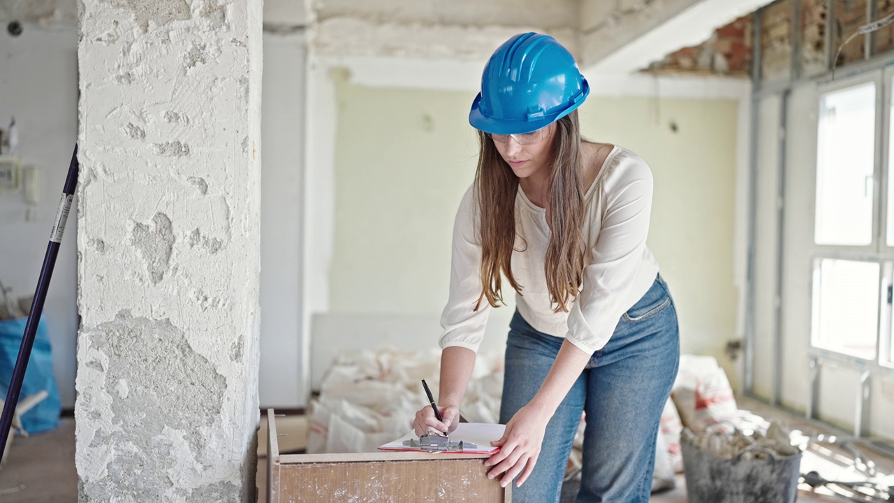 年轻美丽的西班牙女建筑工人在建筑工地的剪贴板上写字视频素材