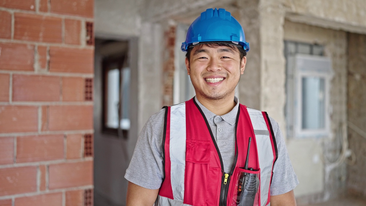 建筑工人站在建筑工地，面带自信的微笑视频素材