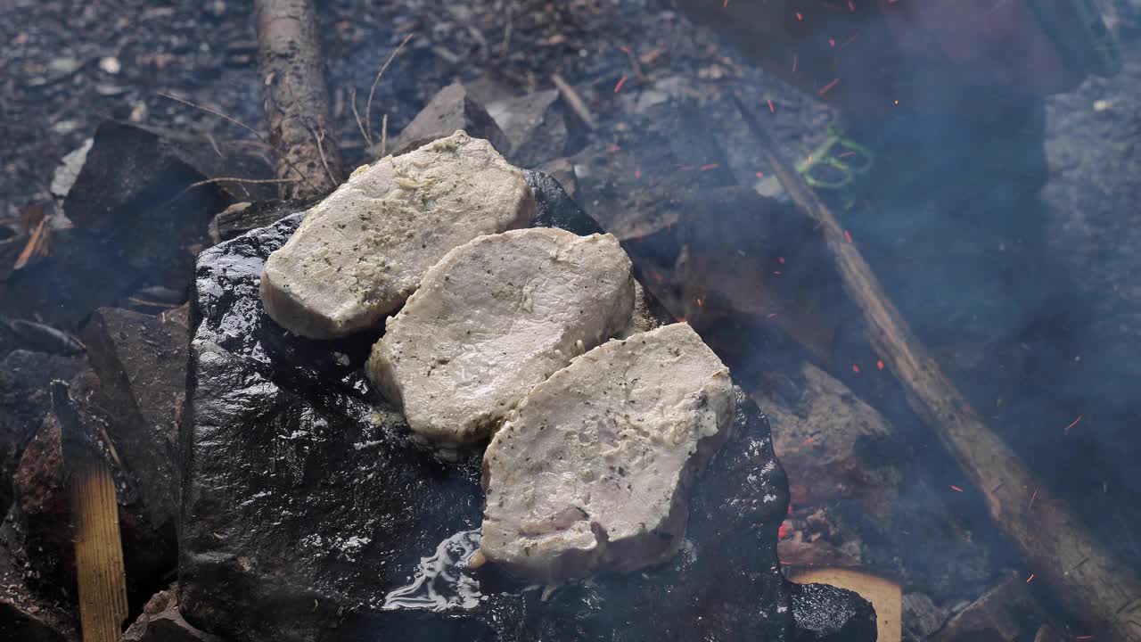 在森林里用石头烤牛排视频素材