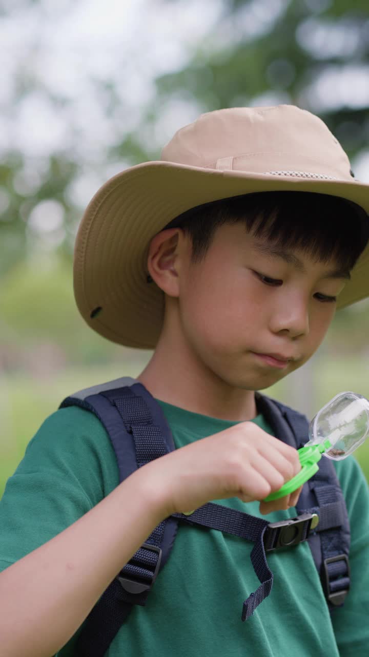 一名小学生在户外观察昆虫视频素材