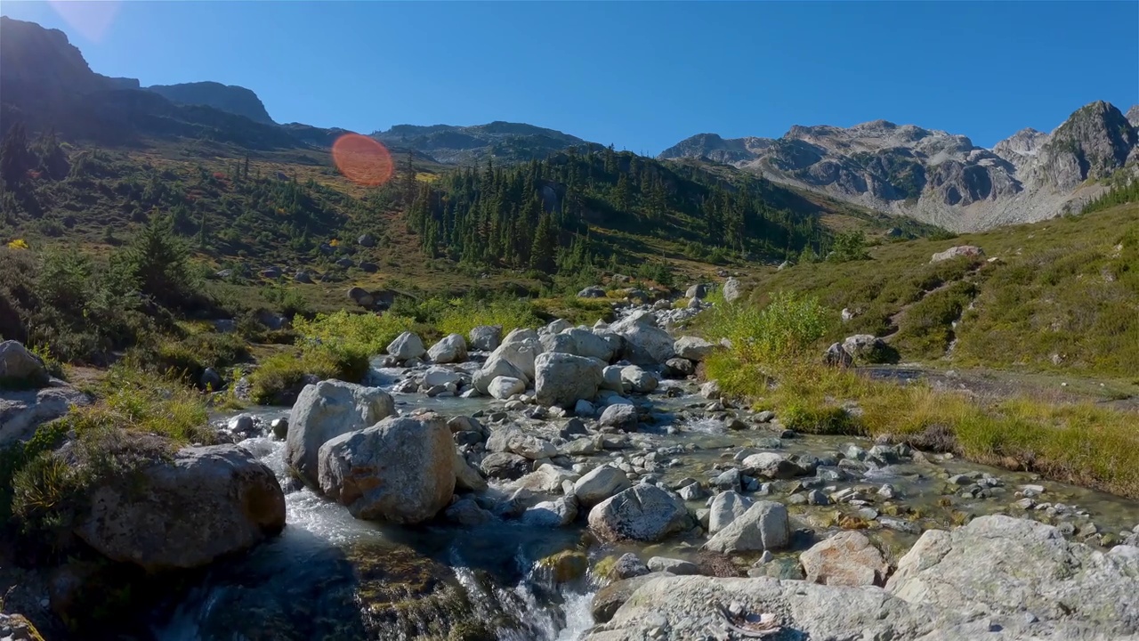 加拿大山地景观中的河流。阳光明媚的秋天视频素材