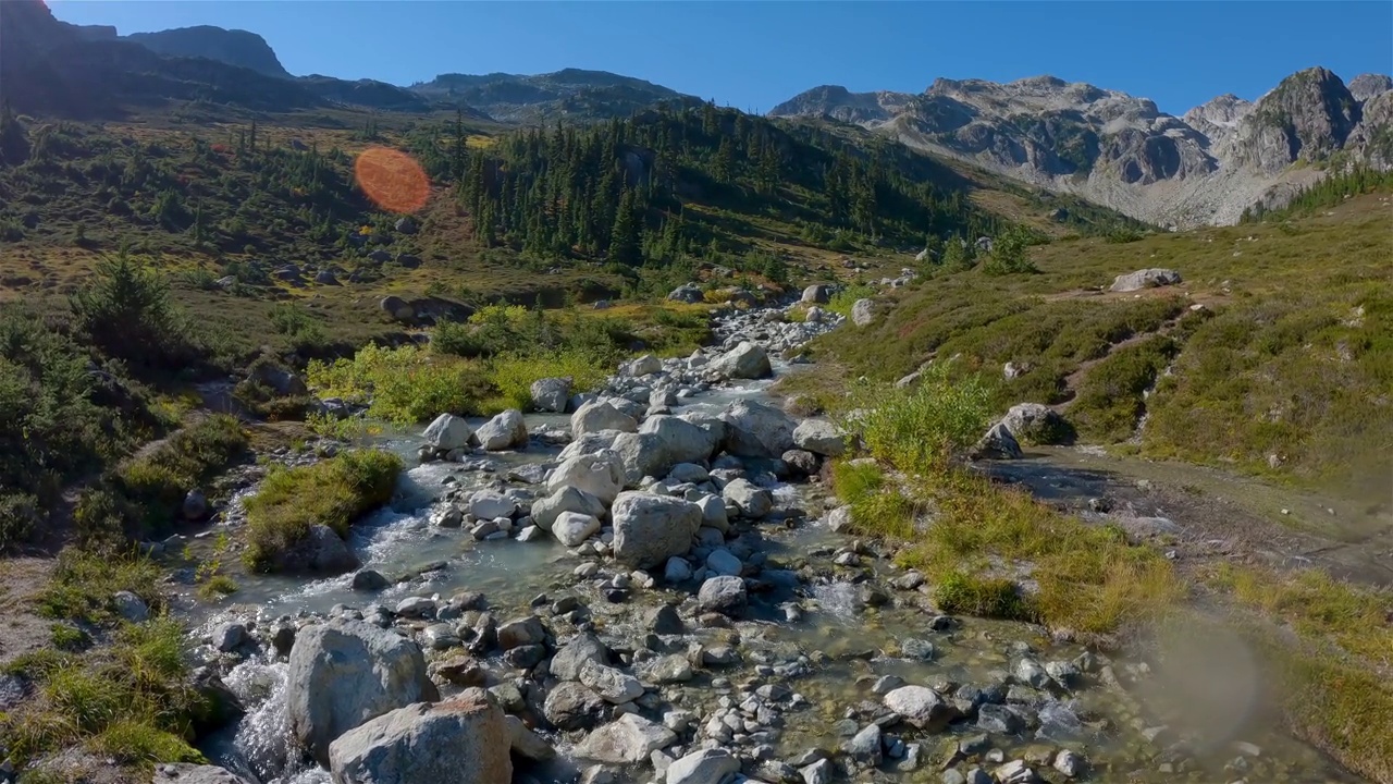 加拿大山地景观中的河流。阳光明媚的秋天视频素材