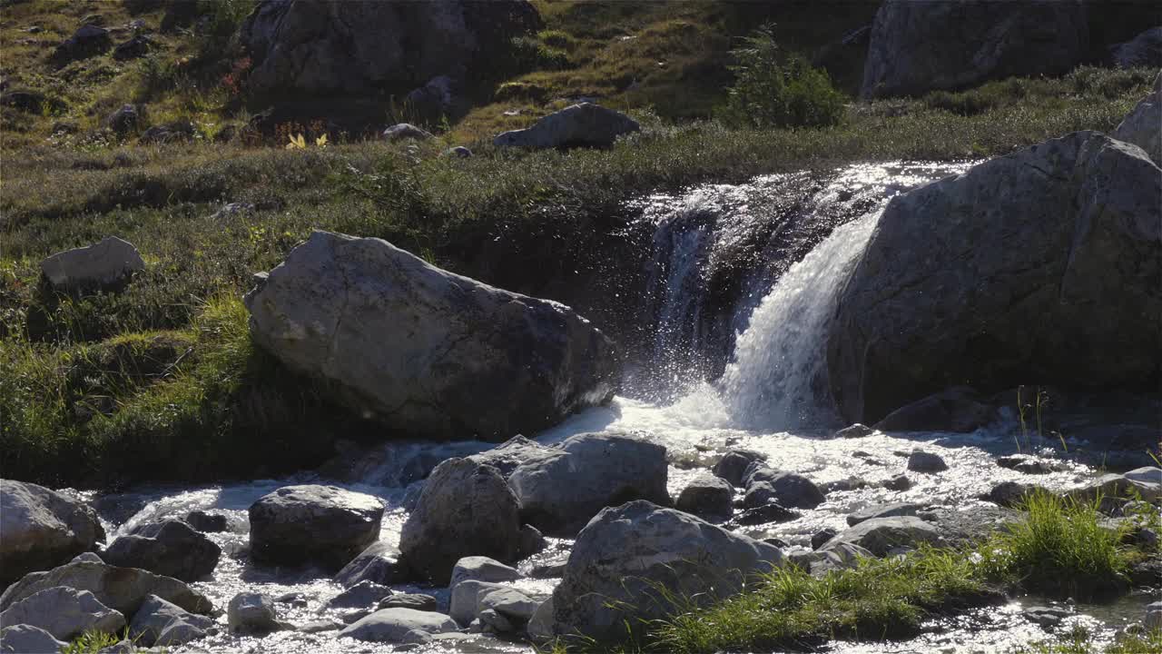 加拿大山地景观中的河流。阳光明媚的秋天。视频素材