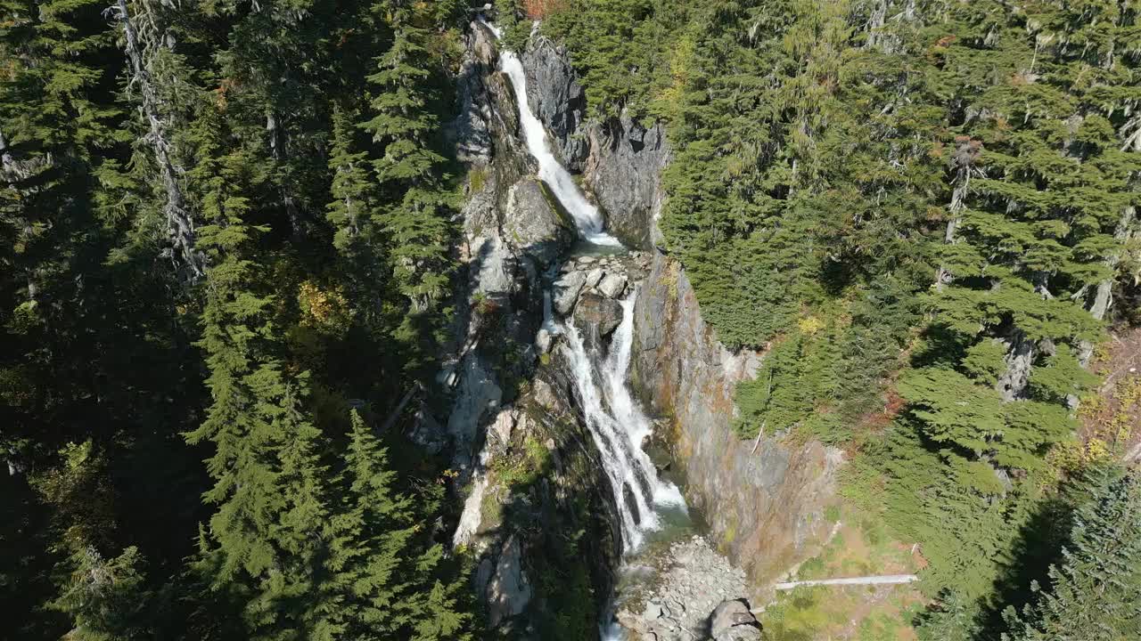 加拿大山地景观中的河流和瀑布与绿树。视频素材