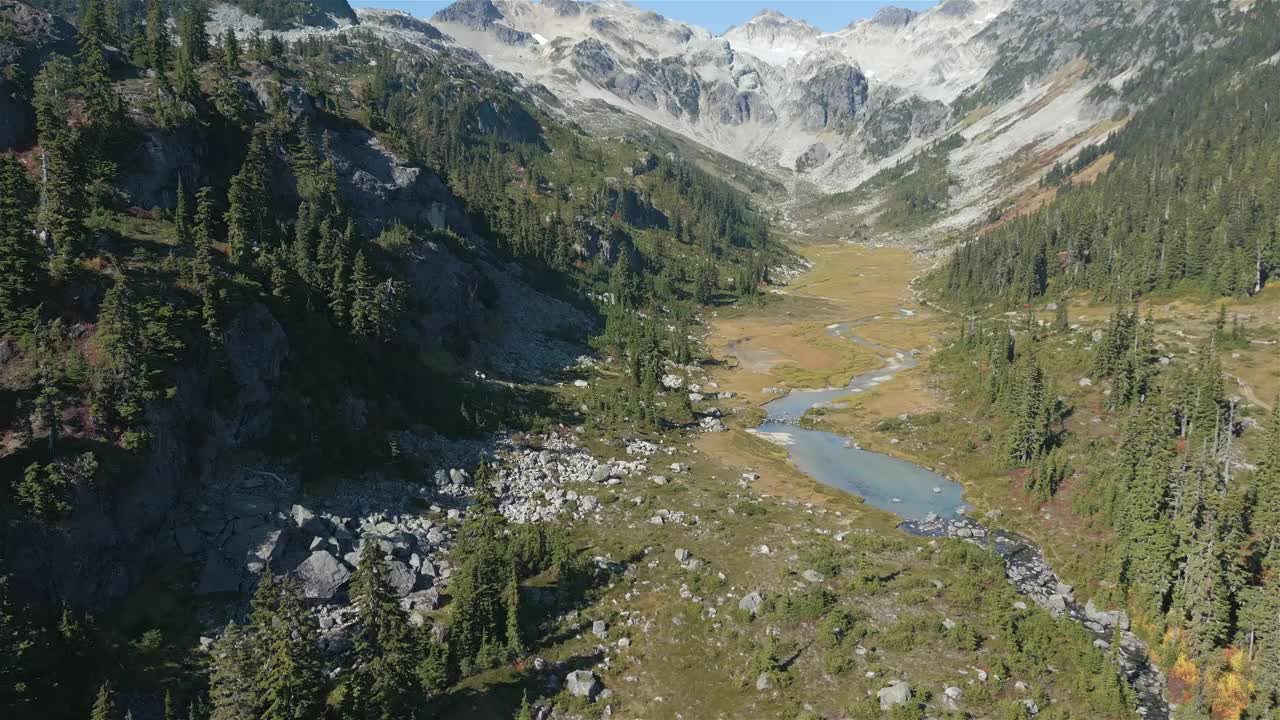 加拿大山地景观中的河流和瀑布与绿树。视频素材