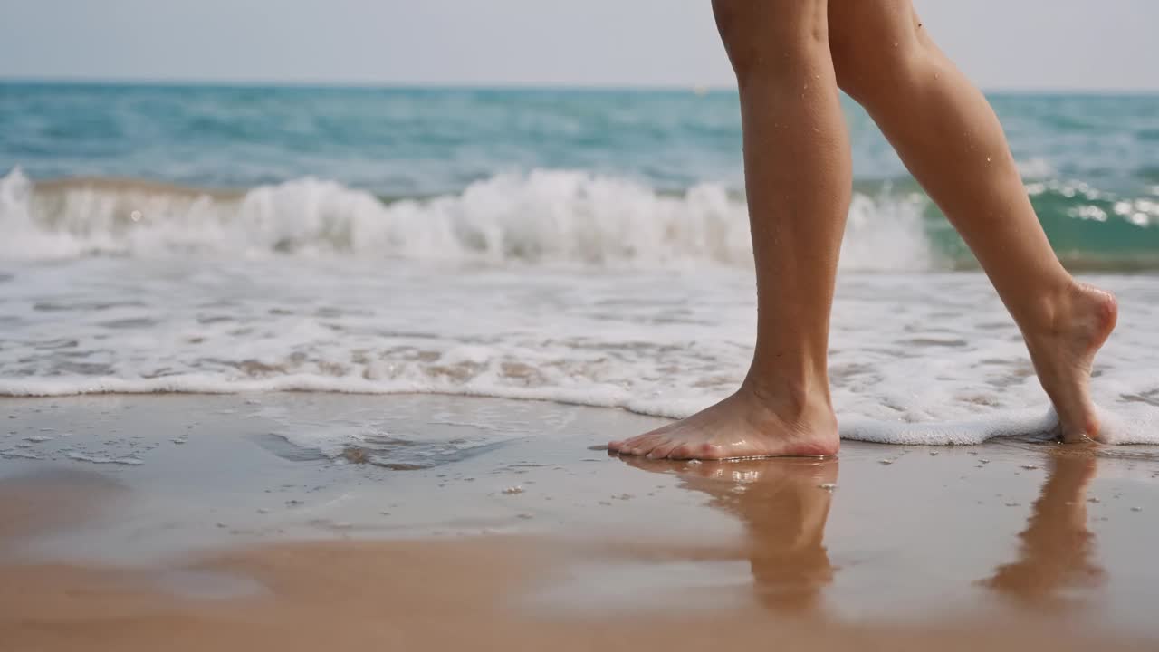 阳光明媚的日子里，一名女子在海滩上走过温柔的海浪视频素材