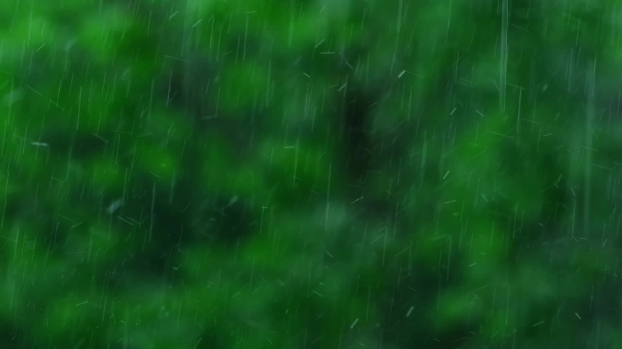 暴雨倾盆，夏季雷暴。绿色的树作为背景。多风多雨的天气，近距离拍摄带有散景的暗夜镜头。季节热带雨林风暴视频素材