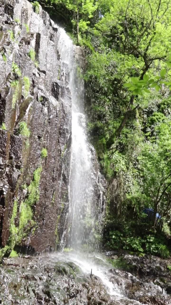 瀑布从岩石悬崖上倾泻而下，水流从岩石上落在石头上视频素材