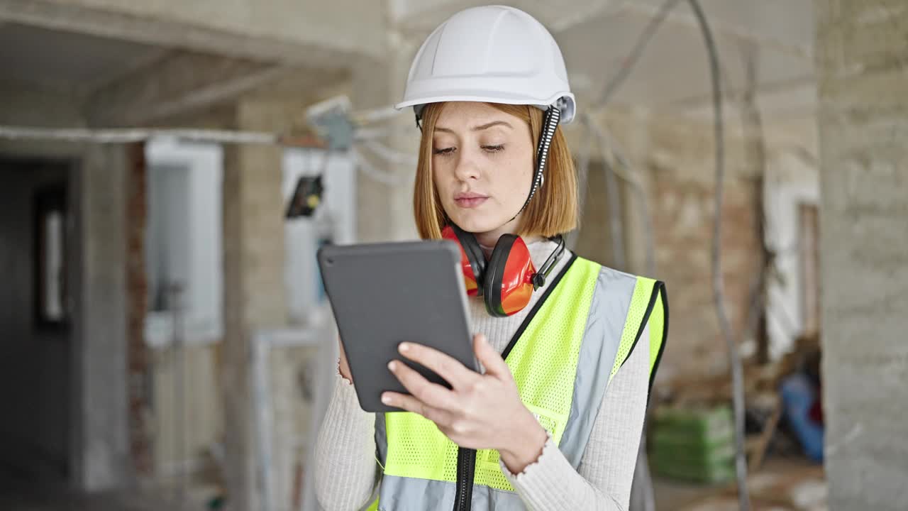 年轻的金发女建筑师在建筑工地使用触控板，表情严肃视频素材