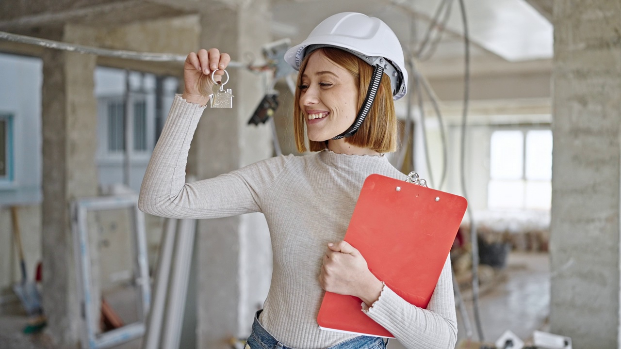 年轻的金发女建筑师在工地拿着新房的钥匙和剪贴板视频素材