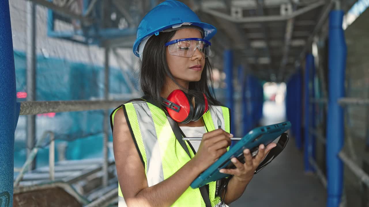 非裔美国女建筑工人在街上用触控板画画视频素材