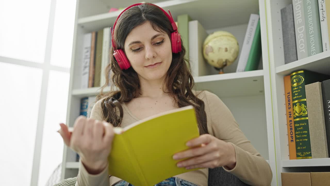 年轻美丽的西班牙裔女学生在图书馆大学听音乐读书视频素材