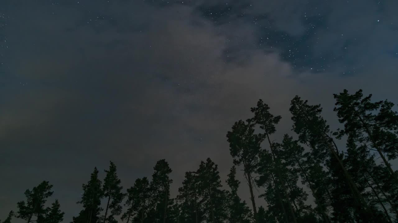 夜空中移动的云和星星以及森林的时间流逝视频素材