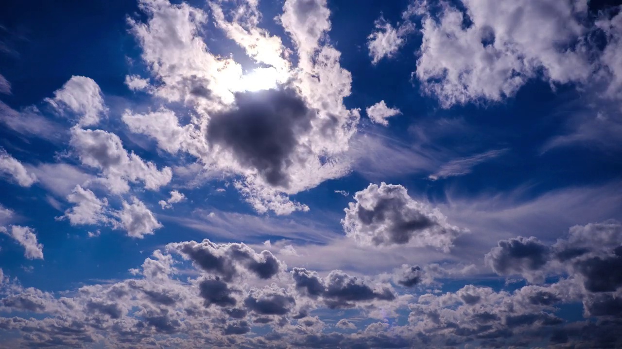 蓝色天空中在太阳下移动的蓬松的云的时间间隔视频素材