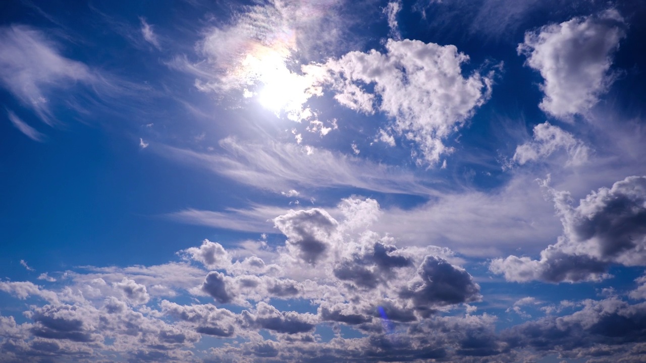 蓝色天空中在太阳下移动的蓬松的云的时间间隔视频素材