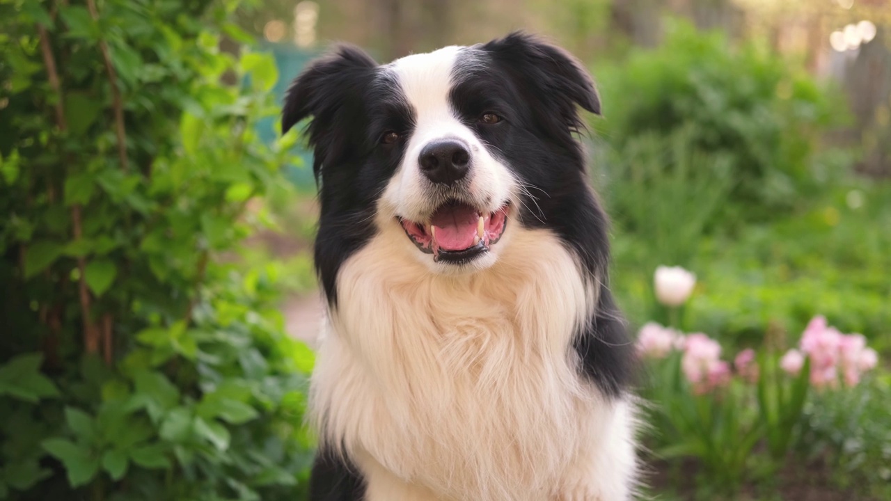 户外肖像可爱的微笑小狗边境牧羊犬坐在公园的背景。在阳光明媚的夏日里，小狗的脸很有趣。宠物护理和有趣的动物生活理念。视频素材