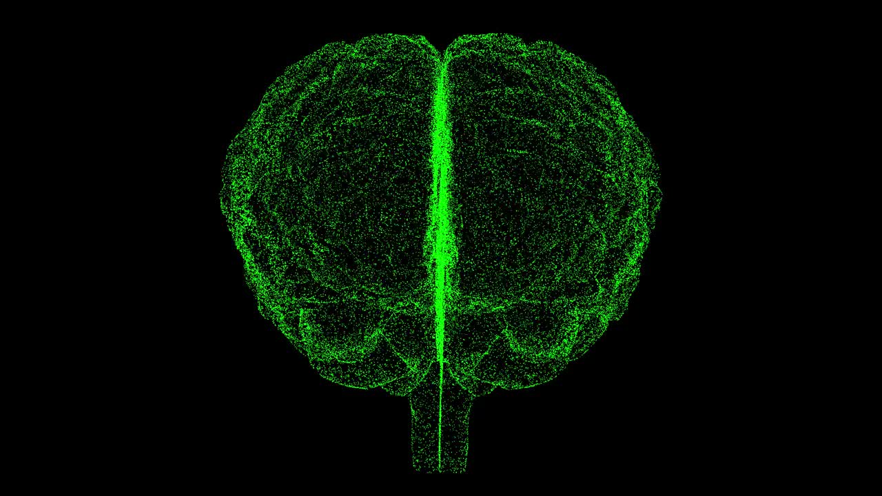 3D大脑在黑色bg上旋转。物体溶解了闪烁的微粒。科学的医学理念。用于标题，文本，演示。3d动画60 FPS。视频素材