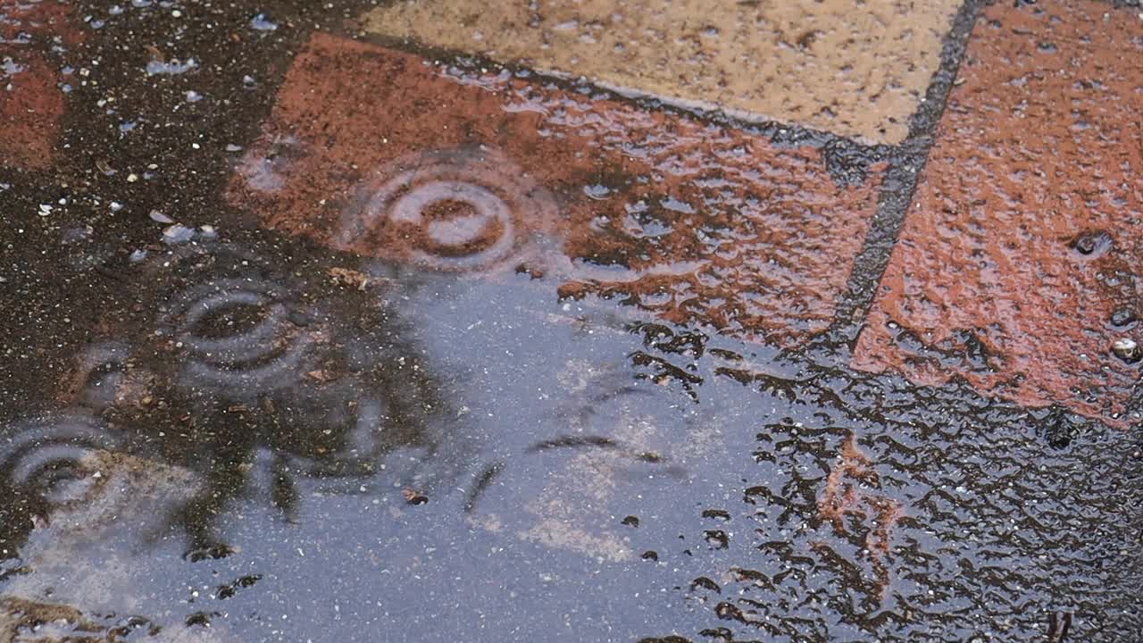 雨水落在砖砌的水坑上视频下载